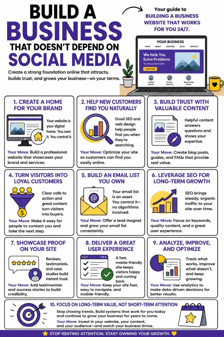 Infographic showing 10 practical ways to build a successful business without relying on social media, including creating a professional website, improving SEO, publishing valuable content, growing an email list, and building customer trust.