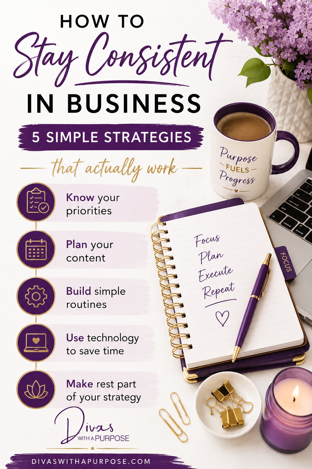Pinterest infographic titled "How to Stay Consistent in Business: 5 Simple Strategies That Actually Work." The graphic includes five business productivity tips alongside a feminine workspace with a planner, laptop, coffee mug, and purple office accessories.