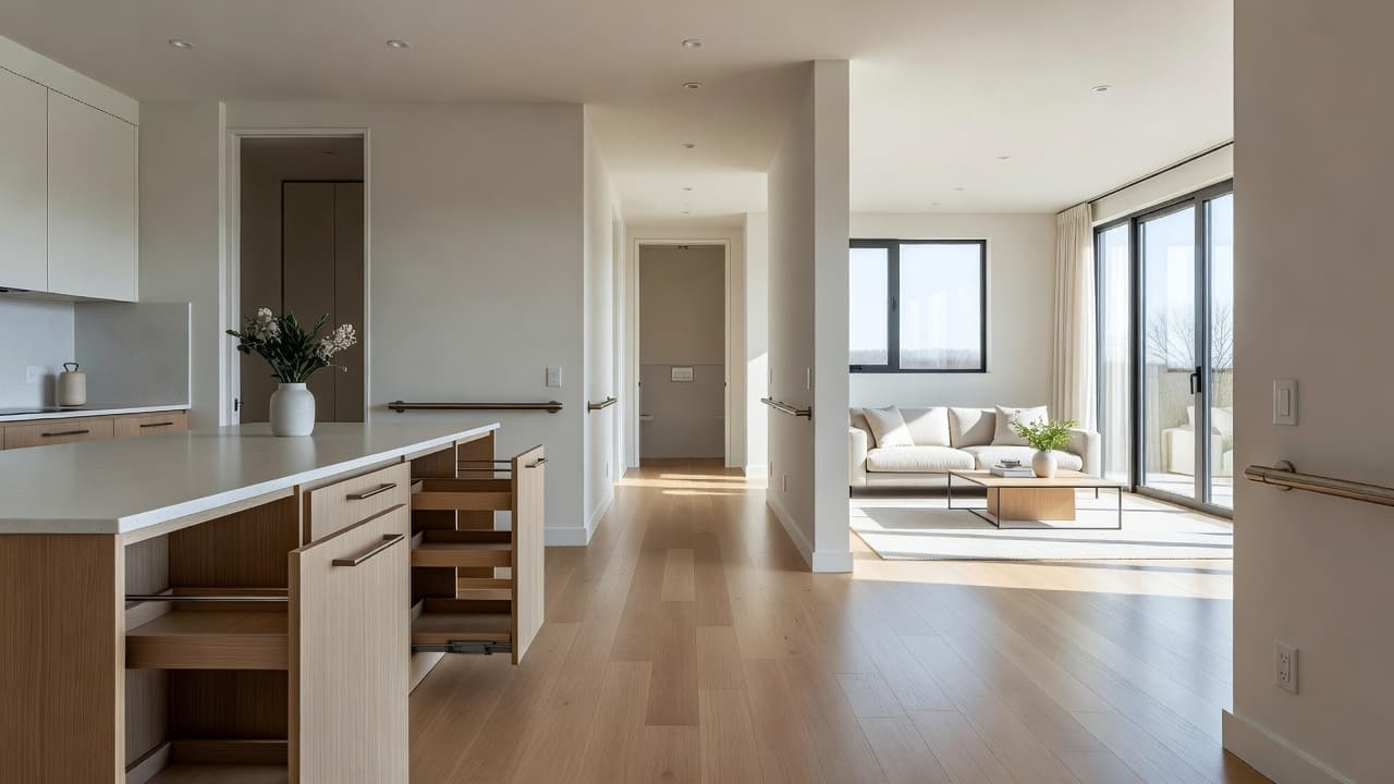 Modern accessible home with wide hallways, grab bars, and an open floor plan for mobility needs.