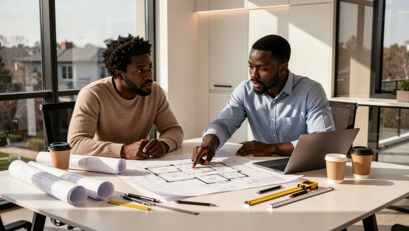 Property owner and construction professional reviewing architectural plans and project documents before construction begins.