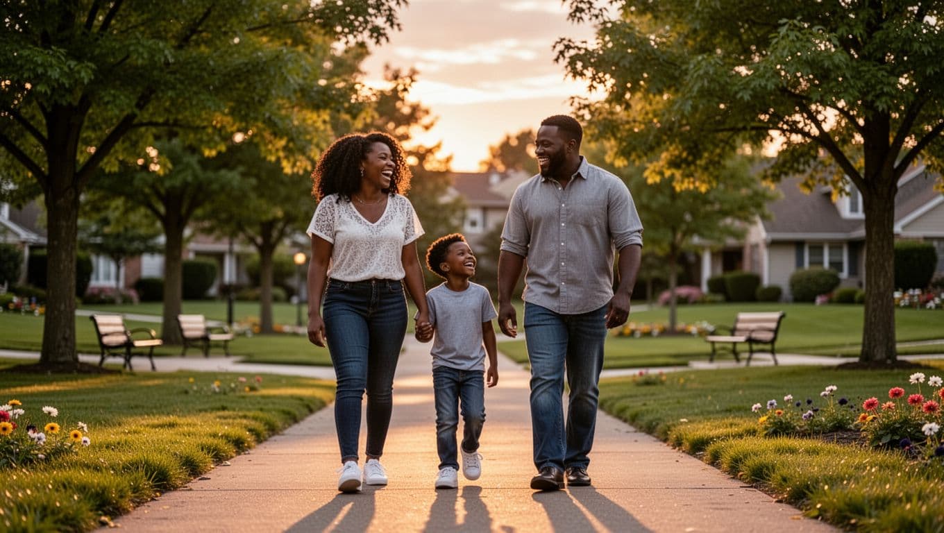 Parents and child enjoying an evening walk together in their neighborhood