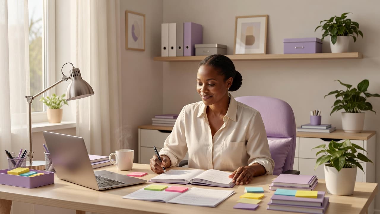 Woman entrepreneur planning her weekly business tasks in a home office.