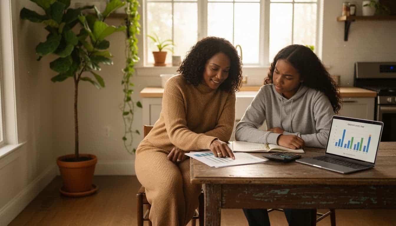 Mother and teenage daughter reviewing budgeting documents and savings goals together at home