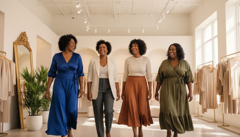 Group of stylish Black women over 40 wearing flattering dresses and modern outfits in a bright boutique