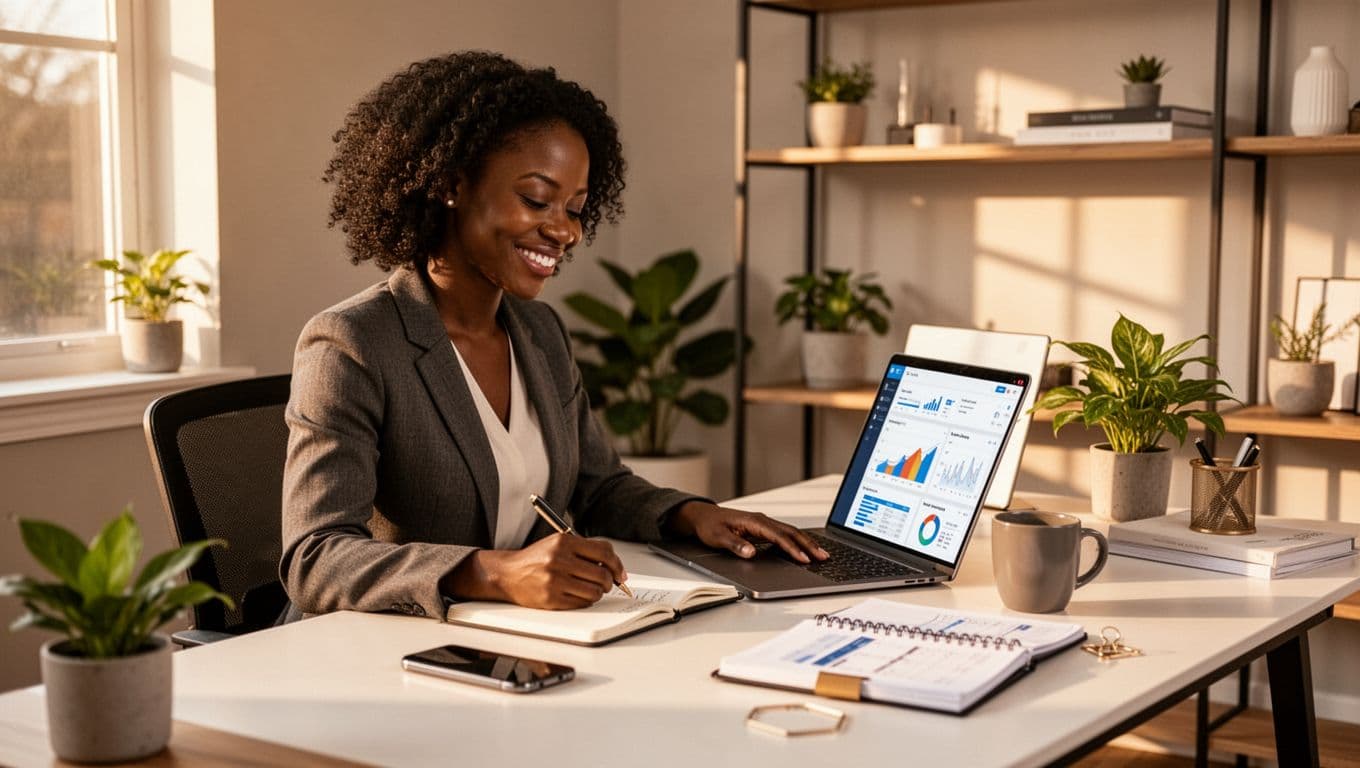 Female entrepreneur reviewing marketing dashboards, campaign metrics, and business performance data on a laptop.