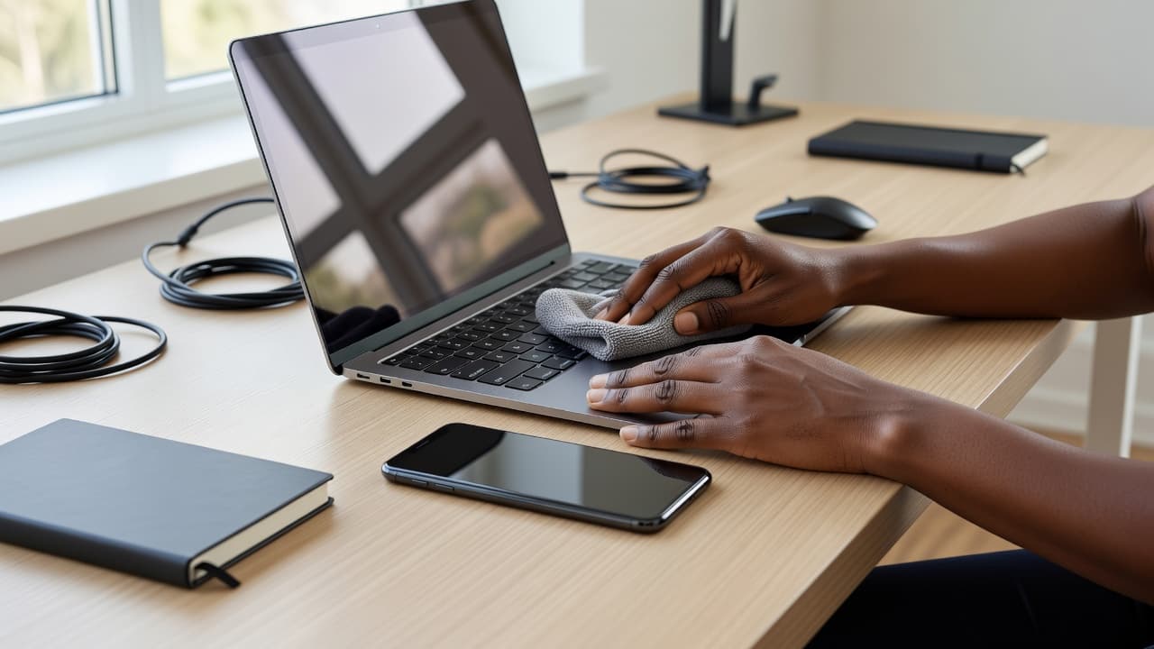 Person cleaning a laptop keyboard with a microfiber cloth beside a smartphone on a desk