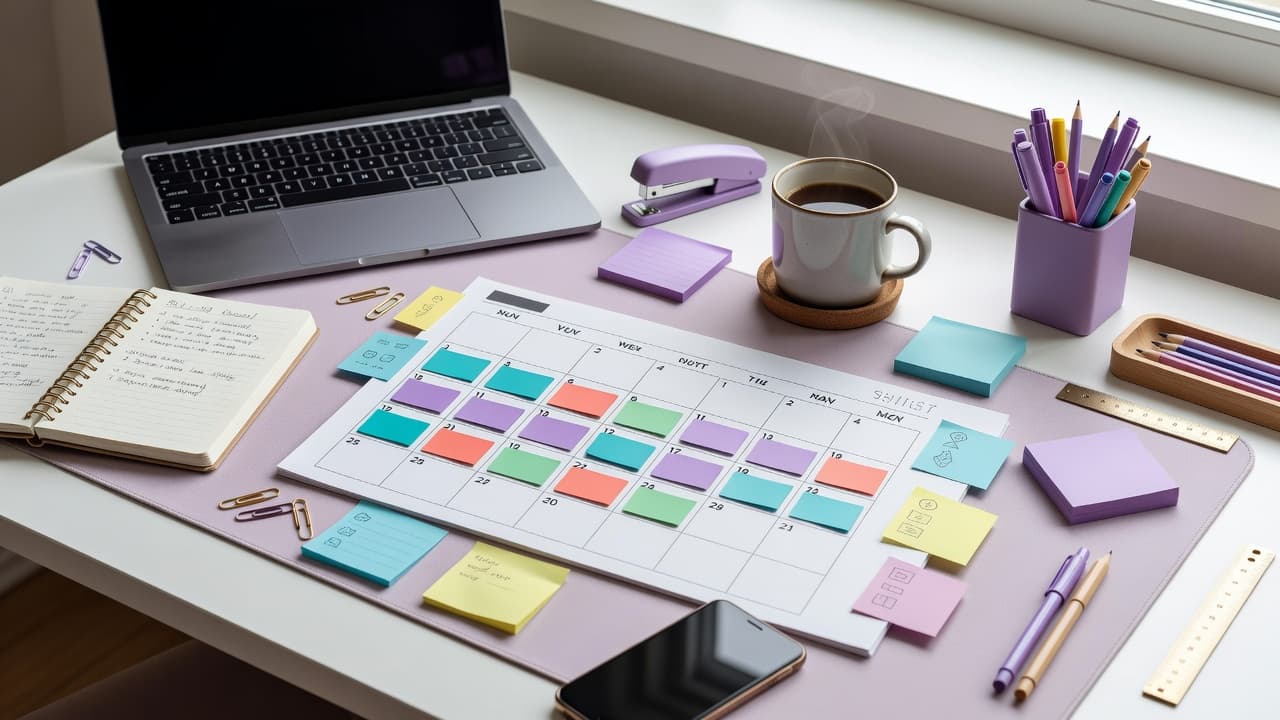 Monthly content calendar with business planning supplies.