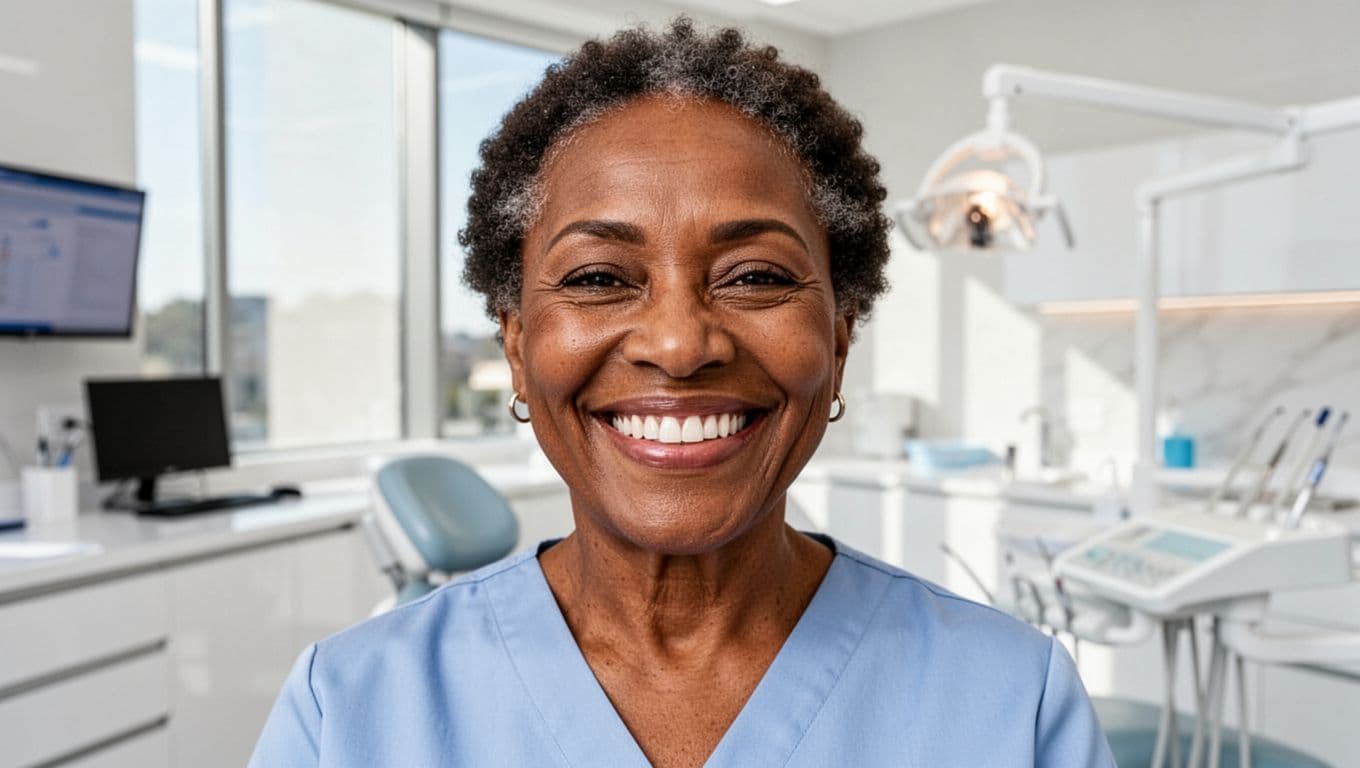 Woman smiling confidently after receiving dental implant restoration treatment.