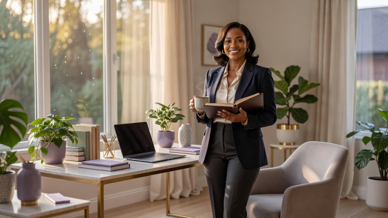Confident woman smiling in a bright home office while building self-confidence.
