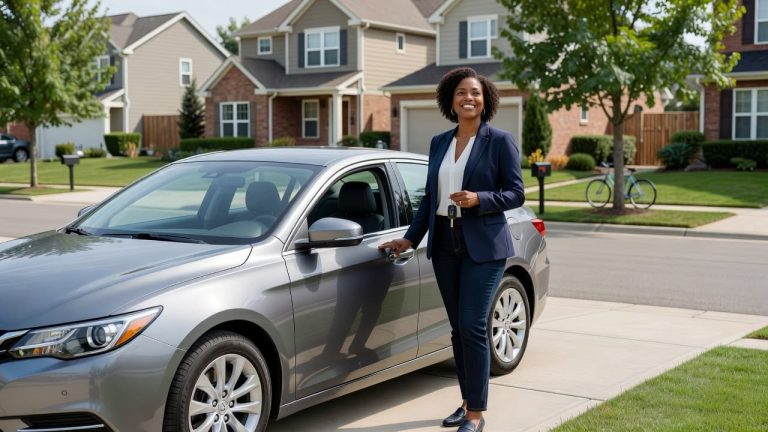Confident Black woman standing beside her newly purchased car and holding her keys