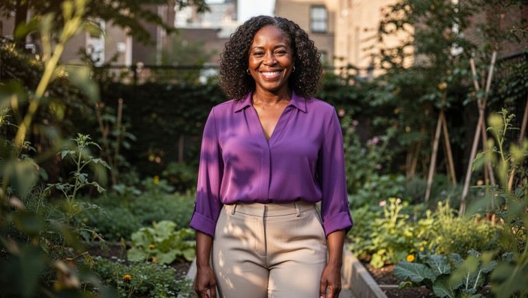 Confident woman standing outdoors smiling as she embraces personal growth and self-confidence