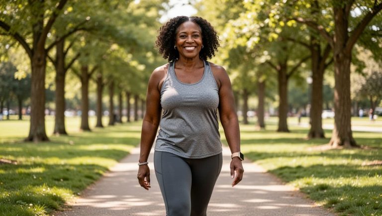 Woman walking confidently through a park as part of a healthy lifestyle routine