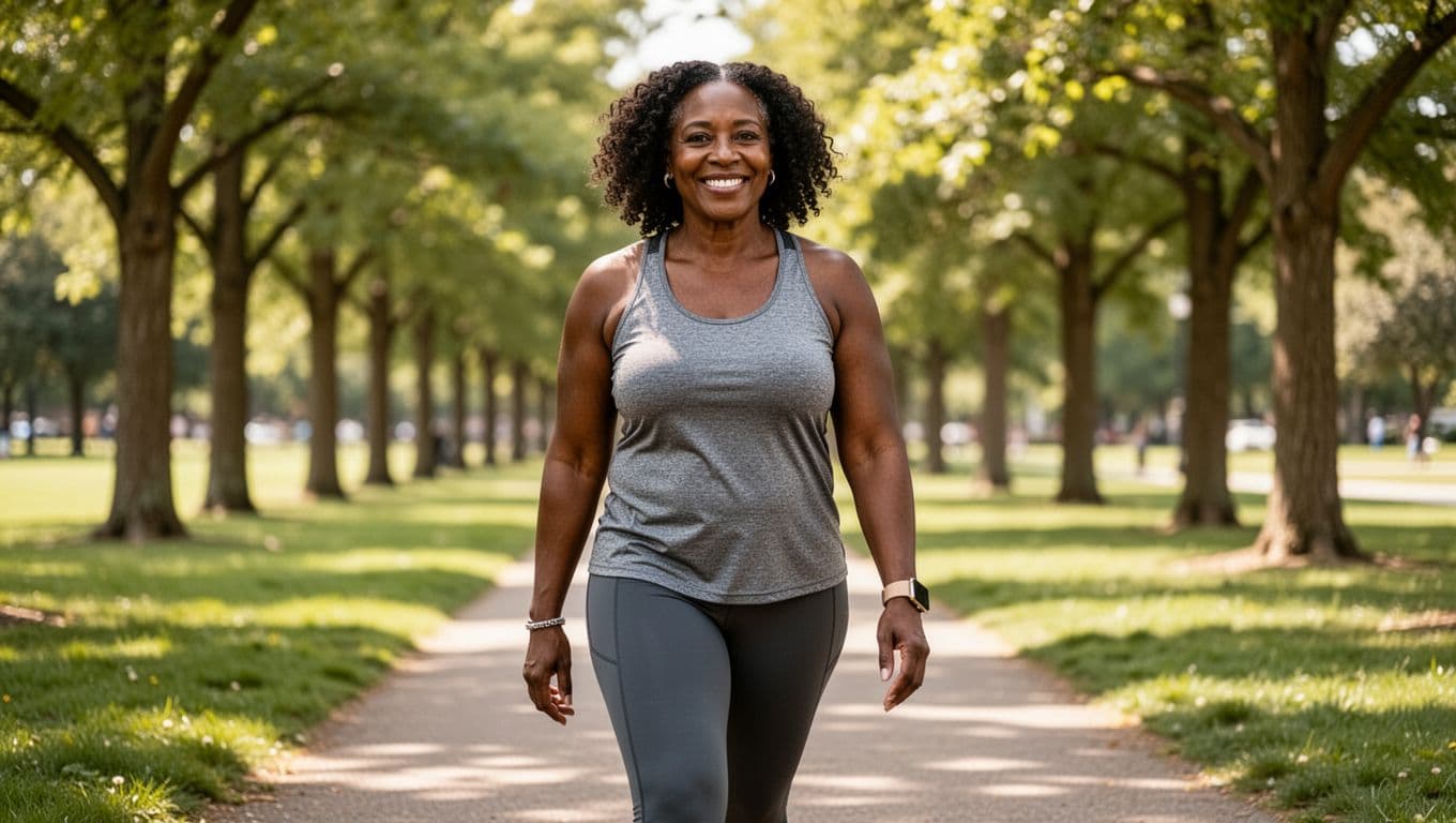 Woman walking confidently through a park as part of a healthy lifestyle routine