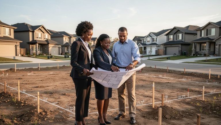 Property development team reviewing blueprints on a residential building site before construction begins.
