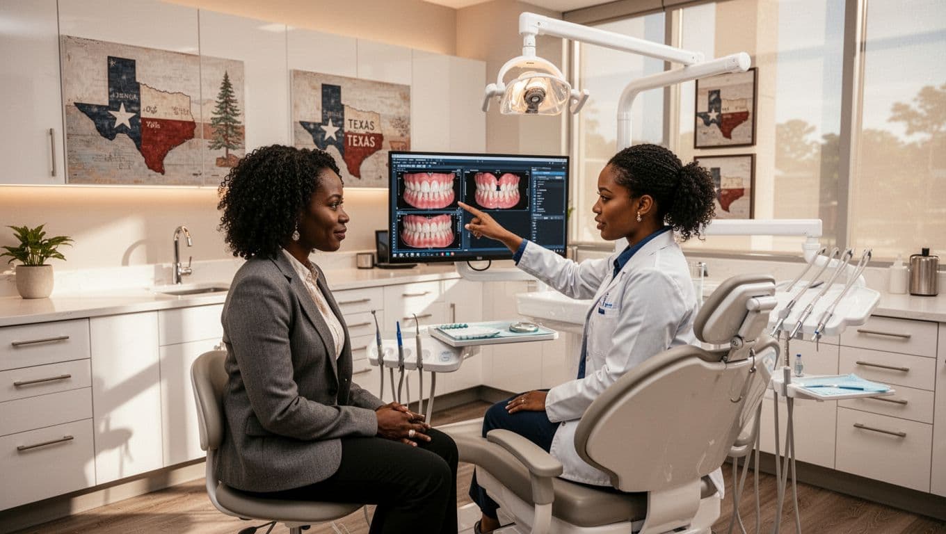 Patient discussing dental implant treatment options with a dental specialist in a modern clinic.