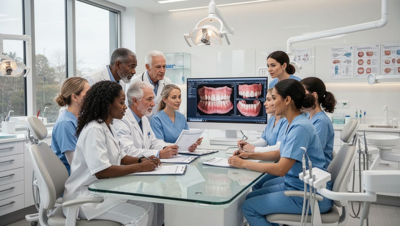 Dental professionals reviewing treatment plans and digital imaging for implant procedures.