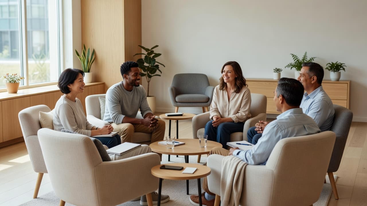 Diverse group of adults participating in a supportive group discussion in a bright and welcoming meeting space.
