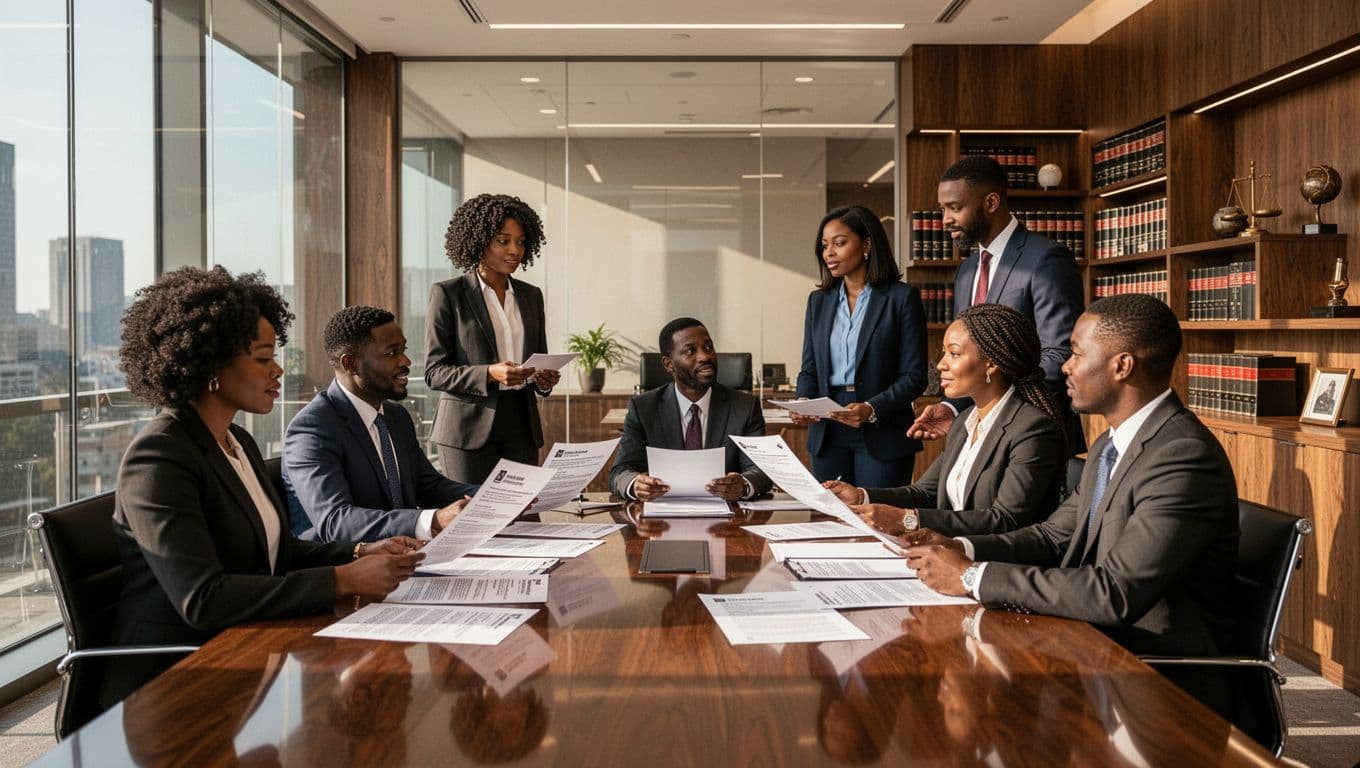 Diverse group of attorneys and legal professionals meeting in a law office to discuss hiring, operations, and firm growth