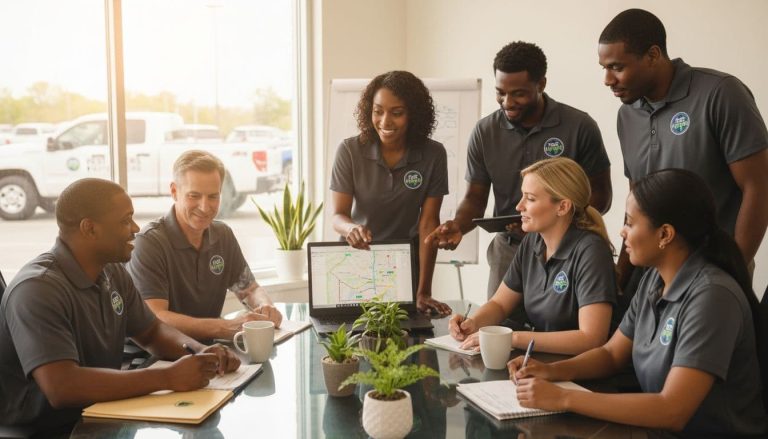 Diverse pest control team meeting together in a collaborative and supportive workplace