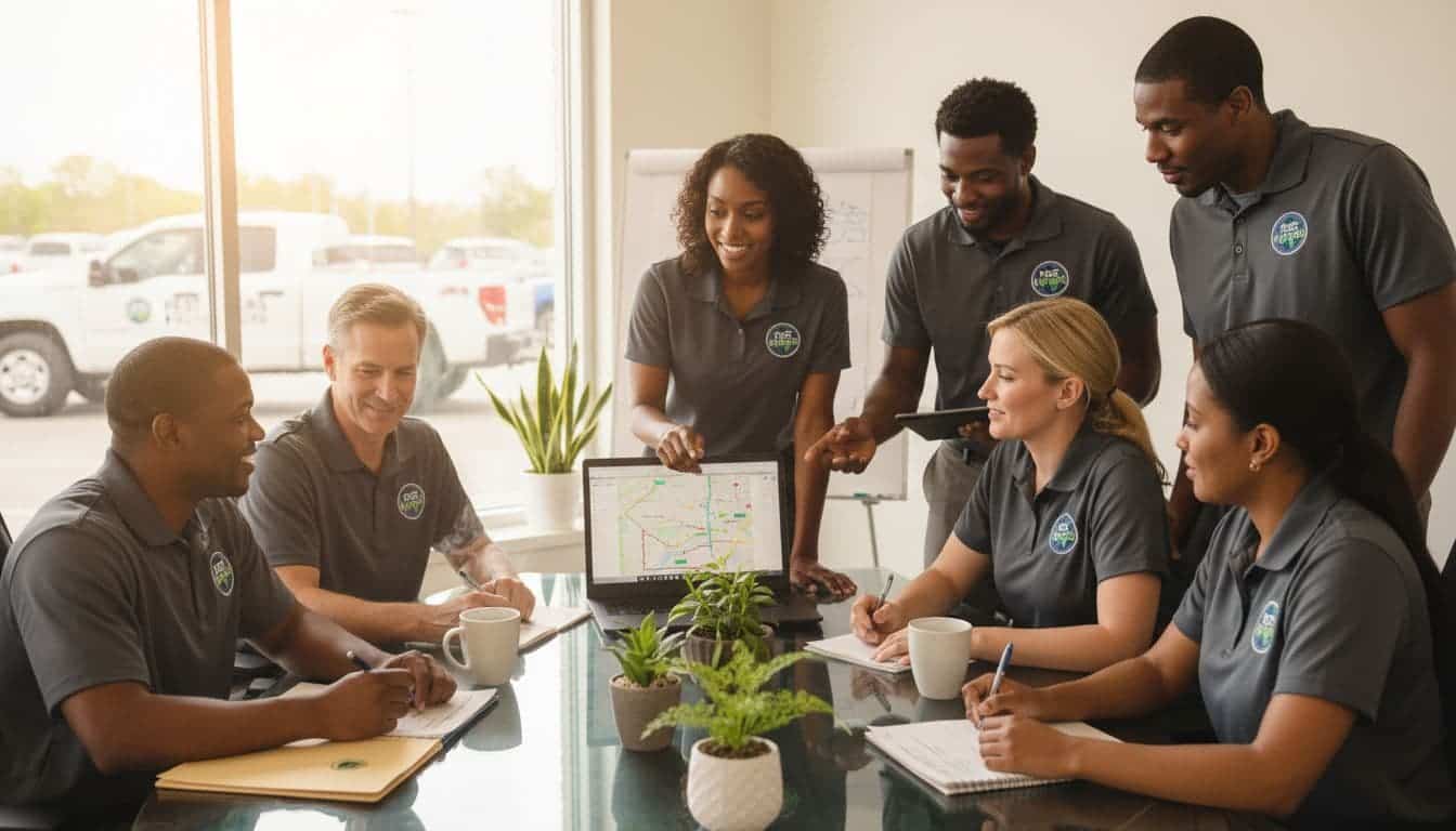 Diverse pest control team meeting together in a collaborative and supportive workplace