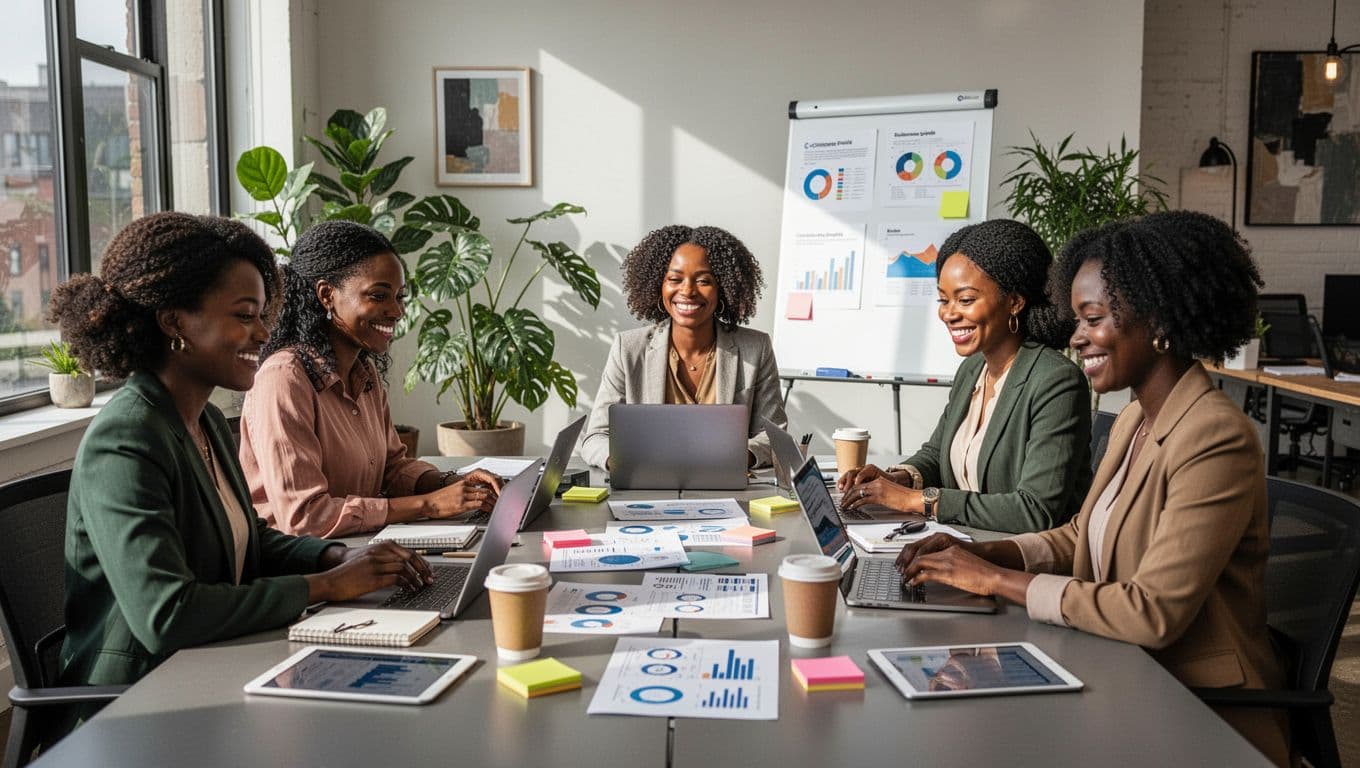 Group of women entrepreneurs reviewing audience insights, marketing analytics, and business growth strategies during a team meeting.