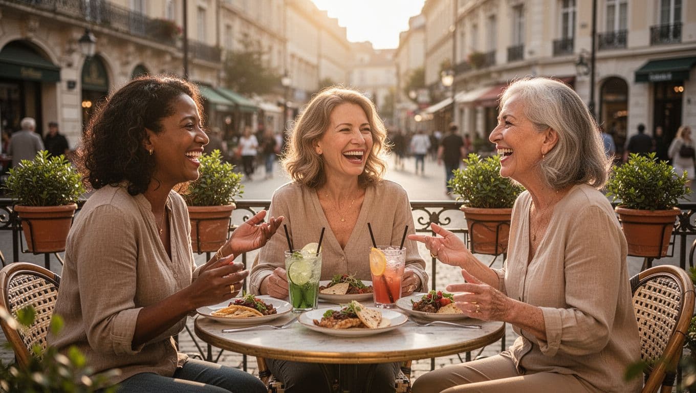 Three women enjoying a meal together at an outdoor café while traveling and sharing stories