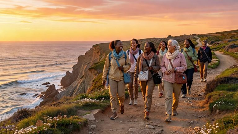 Diverse group of women enjoying a coastal walking tour together at sunset during a group travel experience
