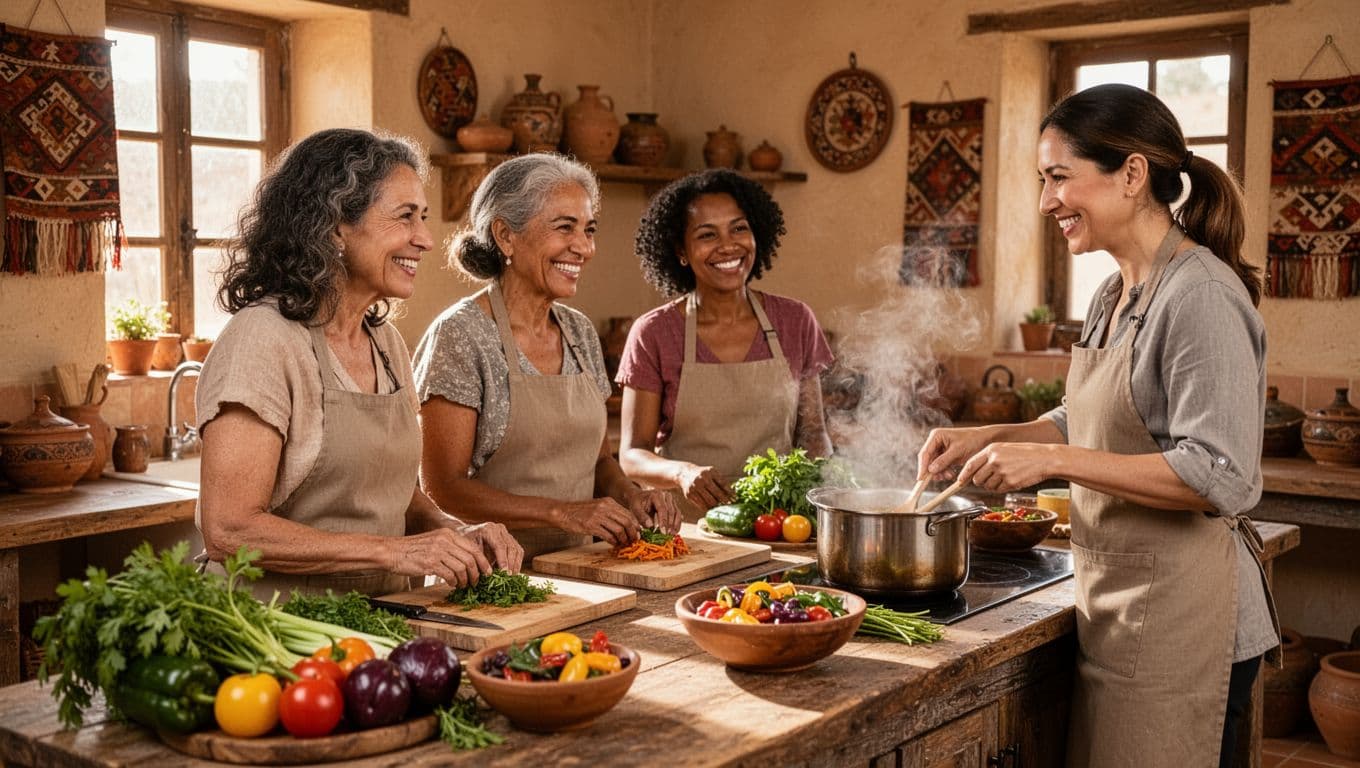 Diverse group of women participating in a cooking class together while traveling and learning local cuisine