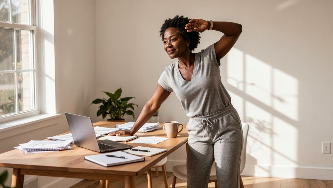 Woman stretching beside her desk during a work break in a home office