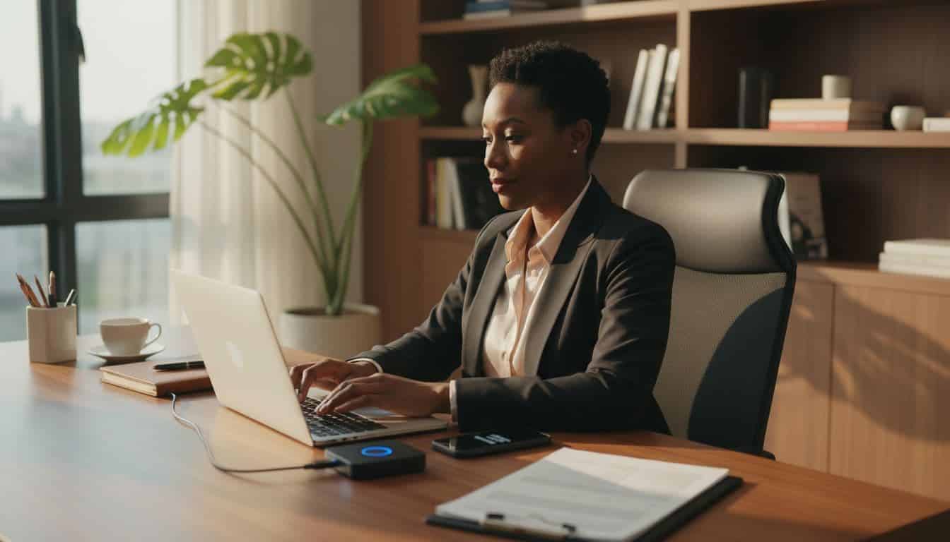 Entrepreneur working remotely with a mobile hotspot and laptop during a connectivity issue
