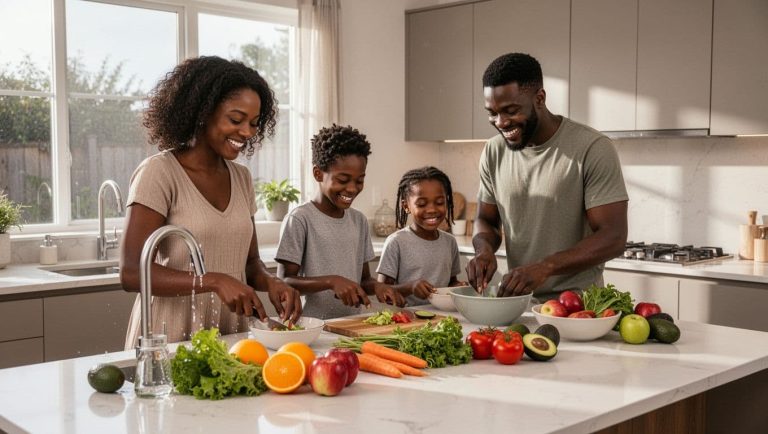 Family preparing a healthy meal together in a bright kitchen with fresh fruits and vegetables