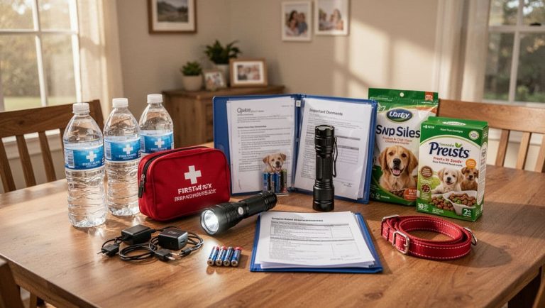 Emergency preparedness kit with water bottles, first aid supplies, flashlight, batteries, important documents, pet food, and pet supplies.