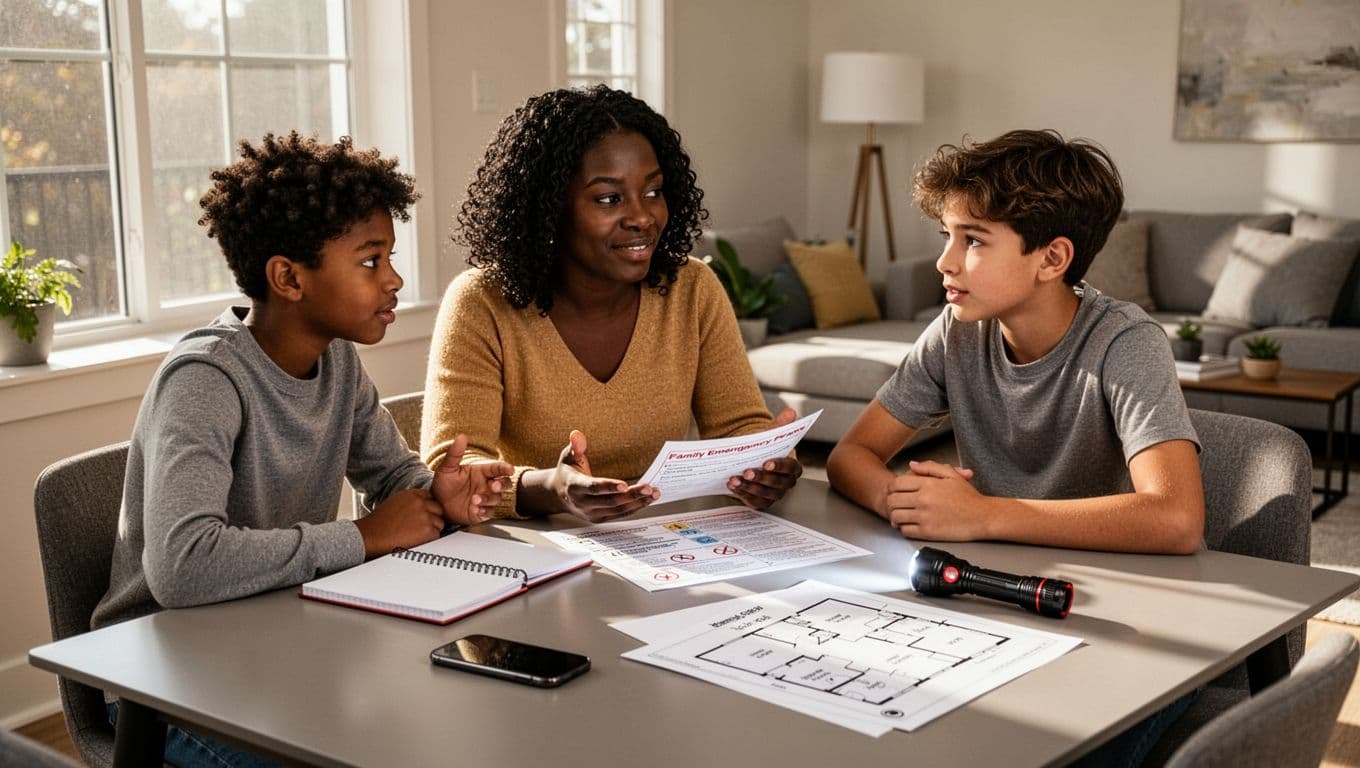 Mother and two children reviewing a family emergency plan together at home with safety documents and emergency supplies.