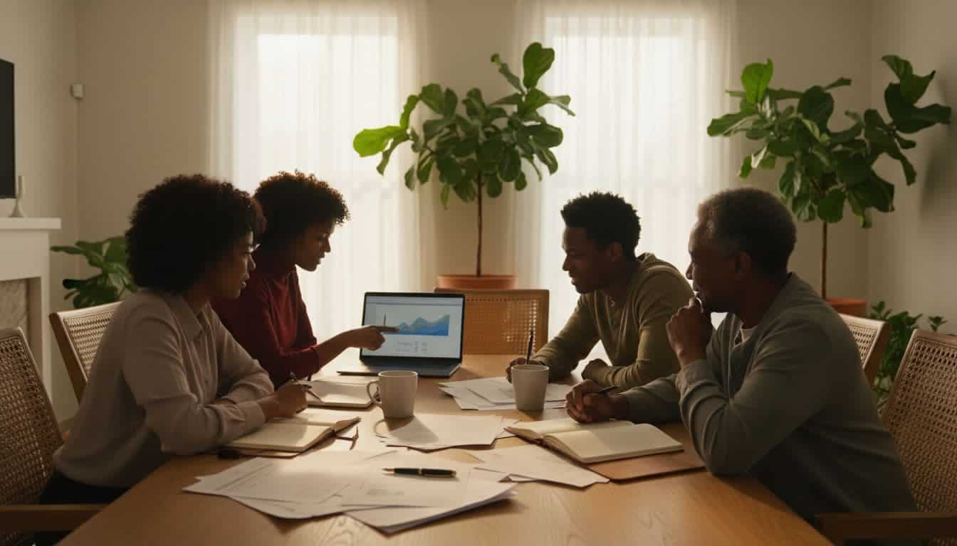 Multigenerational family discussing finances and reviewing investment documents together at a dining table