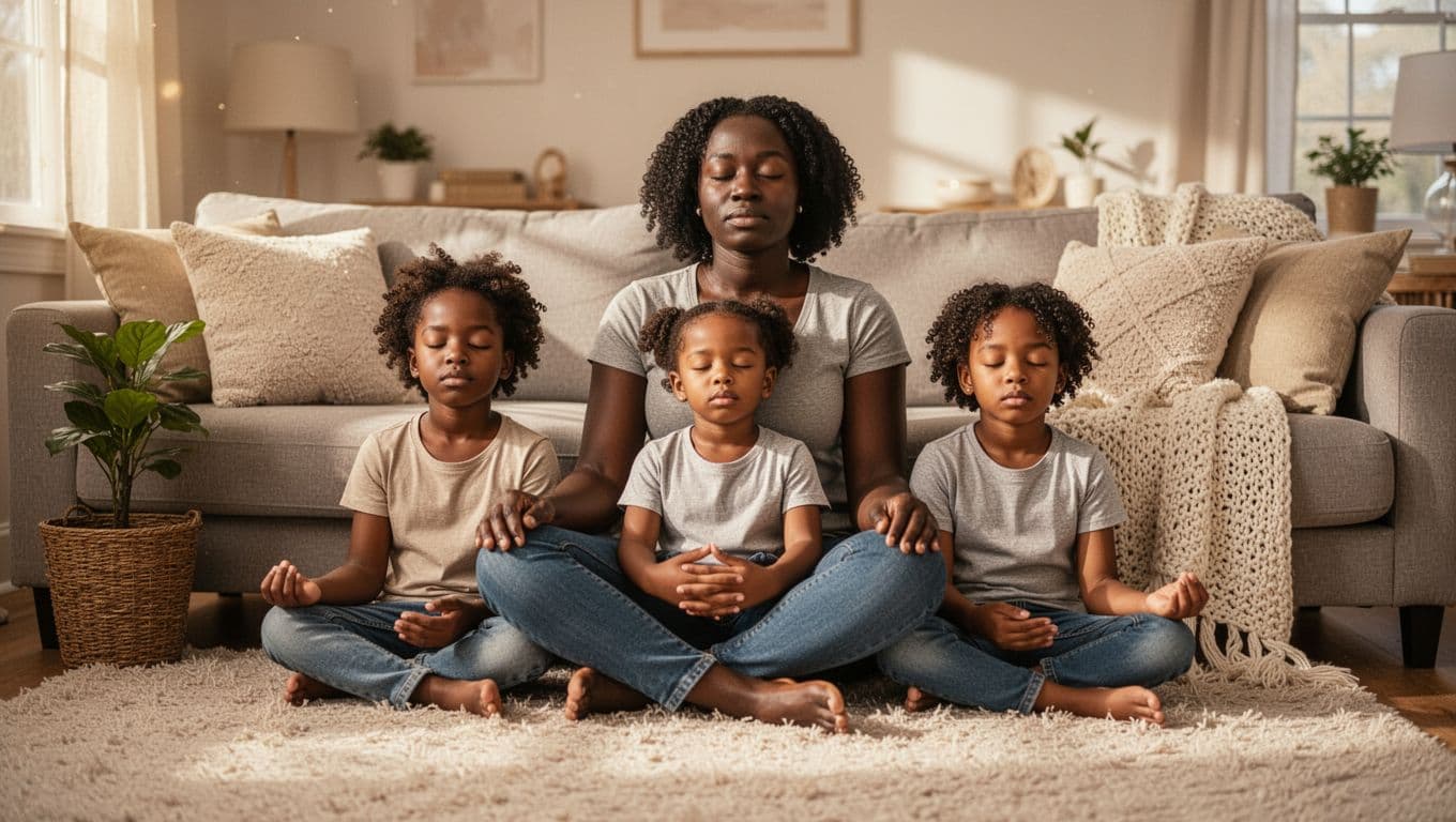 Parent and children sitting together practicing mindfulness and relaxation at home