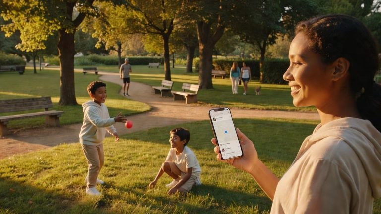 Parent using a family tracking app on a smartphone while children play safely in a park