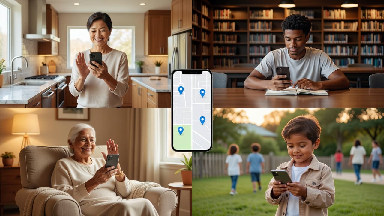 Family members in different locations using smartphones connected through a location sharing app