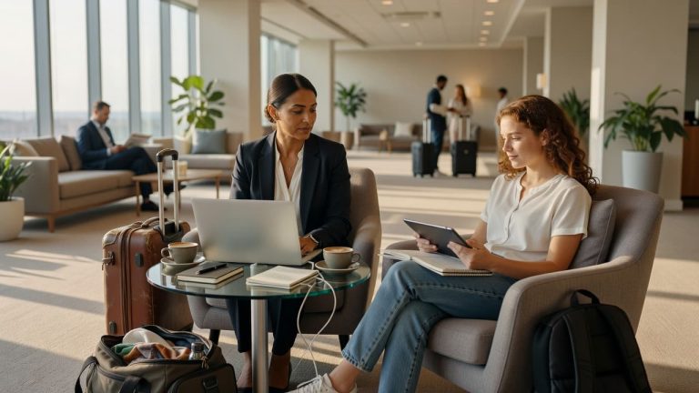Mother working remotely while her teenage daughter completes schoolwork during business travel