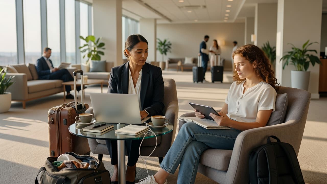 Mother working remotely while her teenage daughter completes schoolwork during business travel