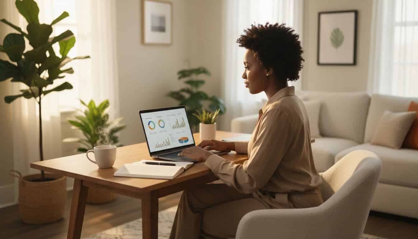Female business owner reviewing financial charts and business goals on a laptop