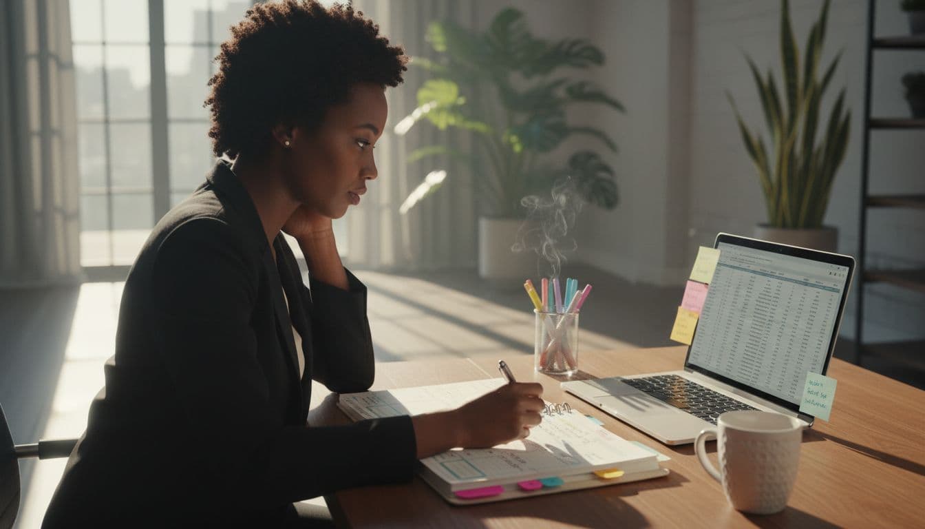 Female entrepreneur tracking business expenses and budget details in a planner