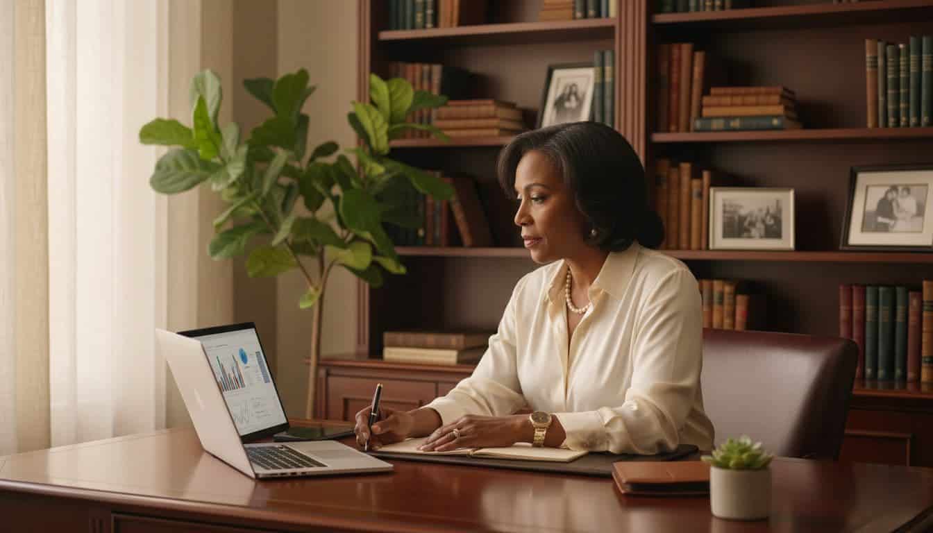 Female entrepreneur reviewing financial plans and wealth-building strategies from a home office