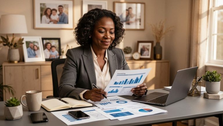 Black woman entrepreneur reviewing marketing reports and business analytics in a home office while planning her marketing strategy.