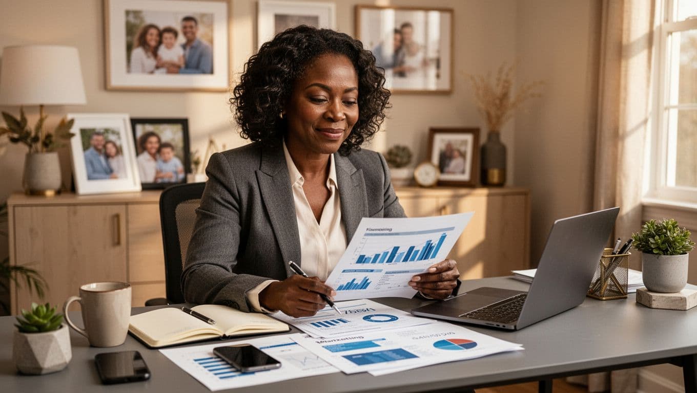 Black woman entrepreneur reviewing marketing reports and business analytics in a home office while planning her marketing strategy.