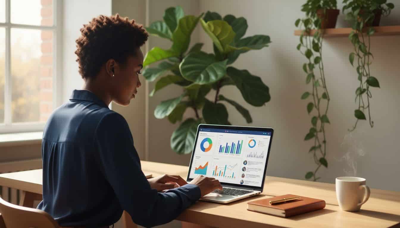 Female entrepreneur reviewing business analytics dashboards on a laptop in a home office