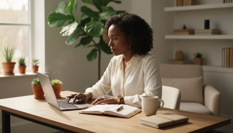 Female entrepreneur working on finances and business planning at a home office desk