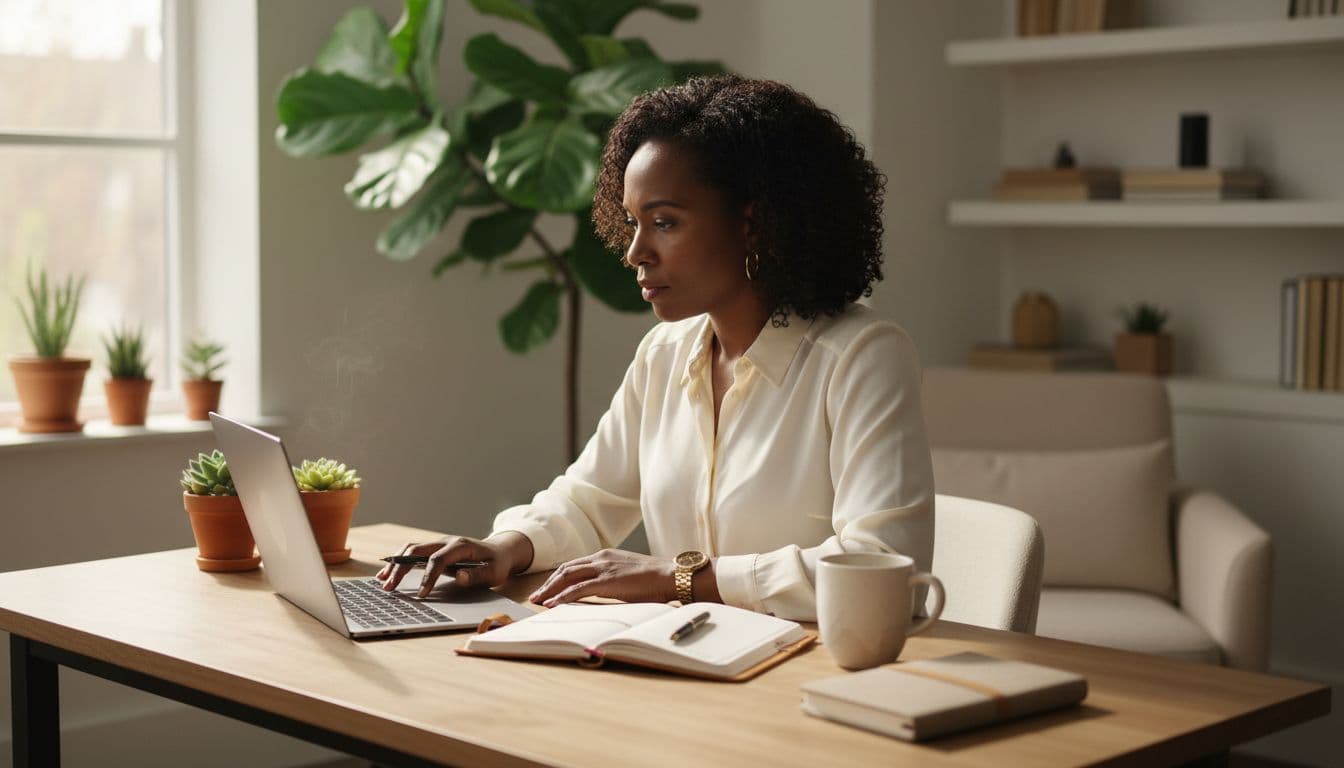 Female entrepreneur working on finances and business planning at a home office desk