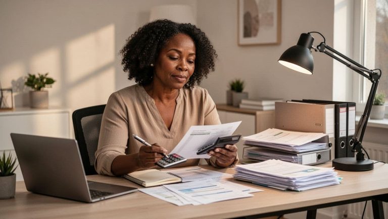 Black woman reviewing tax documents and using a calculator while completing W-4 withholding paperwork at her home office desk