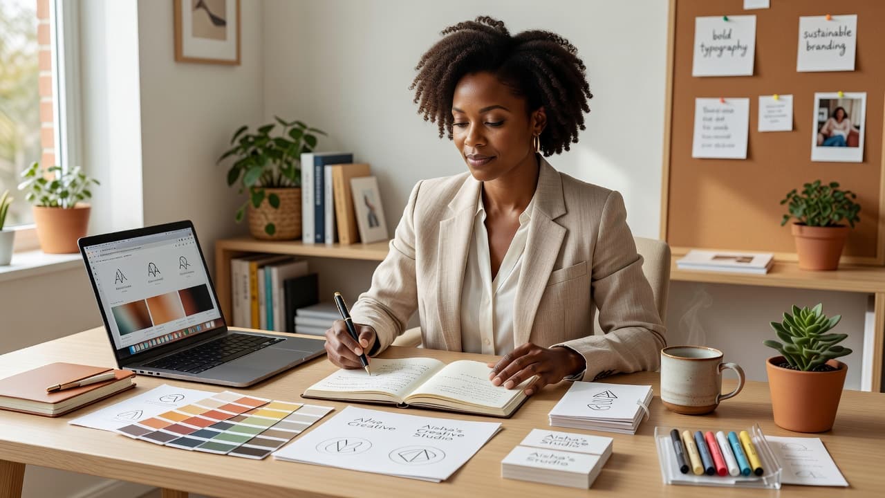Black woman entrepreneur creating branding materials for her business