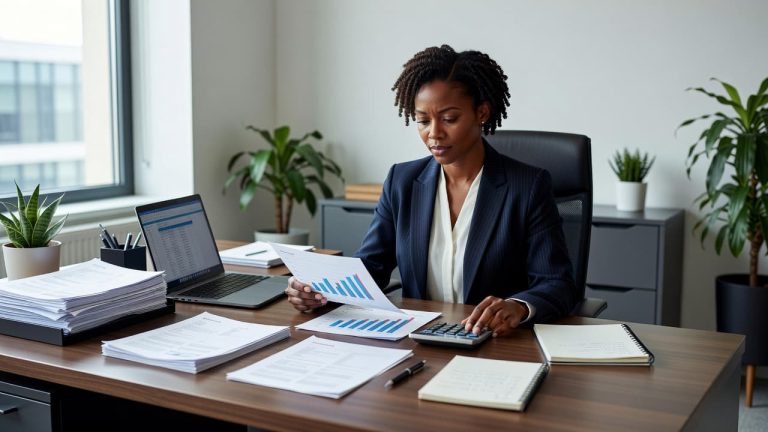 Female business owner reviewing financial reports and cash flow documents at her office desk